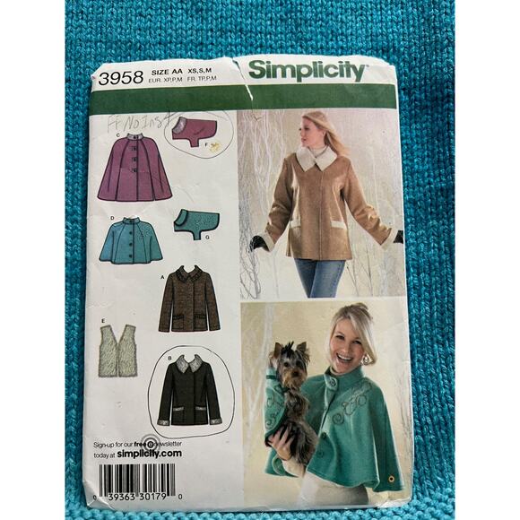 McCalls 3958 pattern capelet jacket matching dog vest coat Size XS S M - Picture 1 of 5